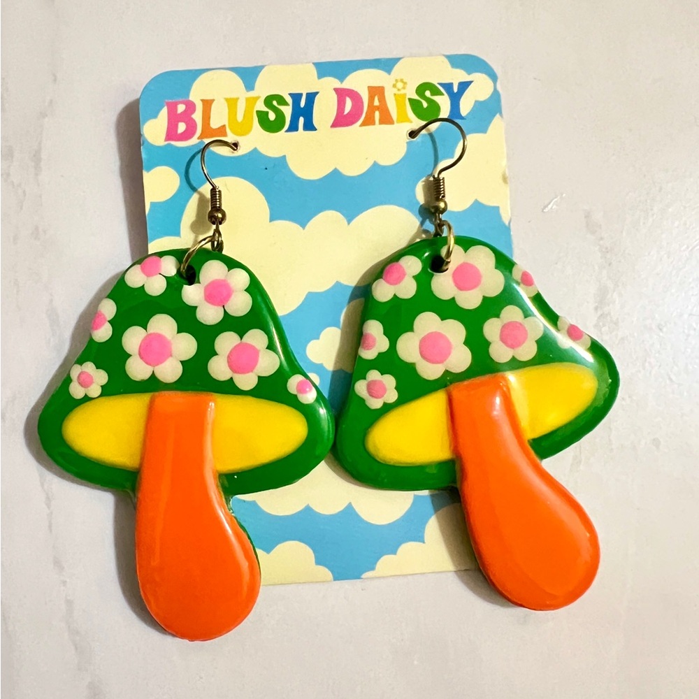 Blush Daisy Mushroom Green Orange Retro Earrings